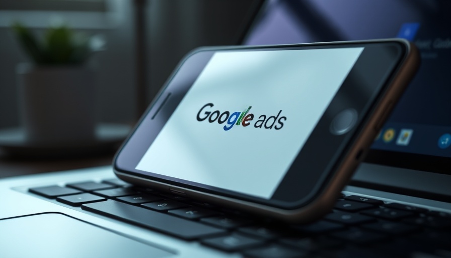 Smartphone with Google Ads logo near laptop keyboard, close-up view.