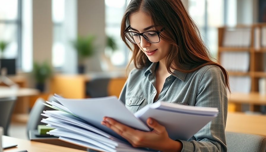 Entrepreneurship: Woman organizing papers in a modern office setting.
