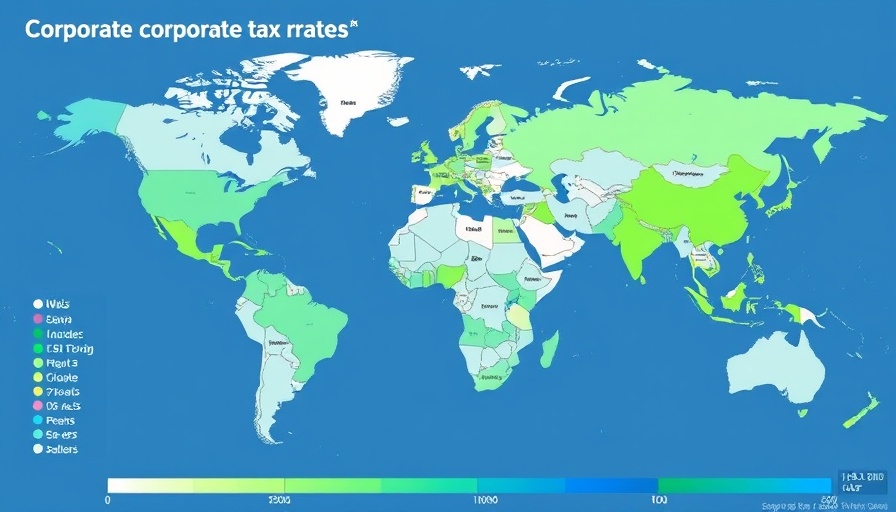 Global map showing corporate tax rates by country, varied blue and green shades.