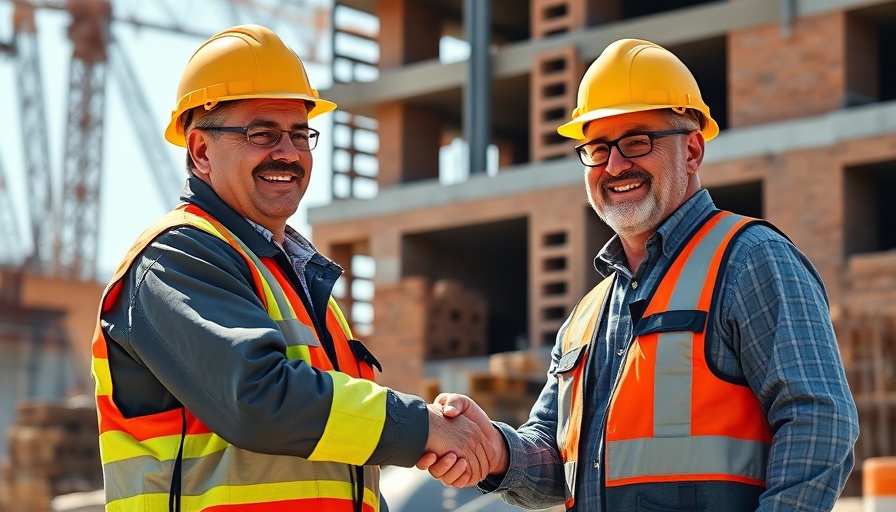 Construction startup handshake at building site.