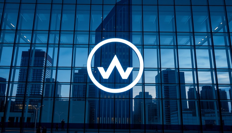 Futuristic glass building facade with company logo at dusk.