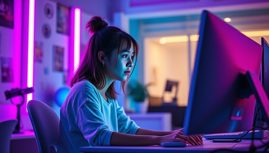 Young woman focused on computer work in vibrant setting with neon lights.