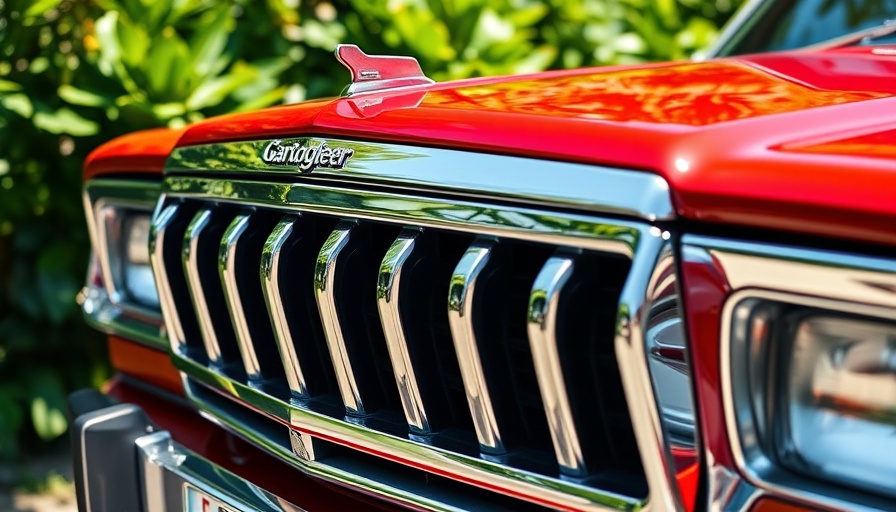 Grand Wagoneer chrome grille close-up in a lush green setting.