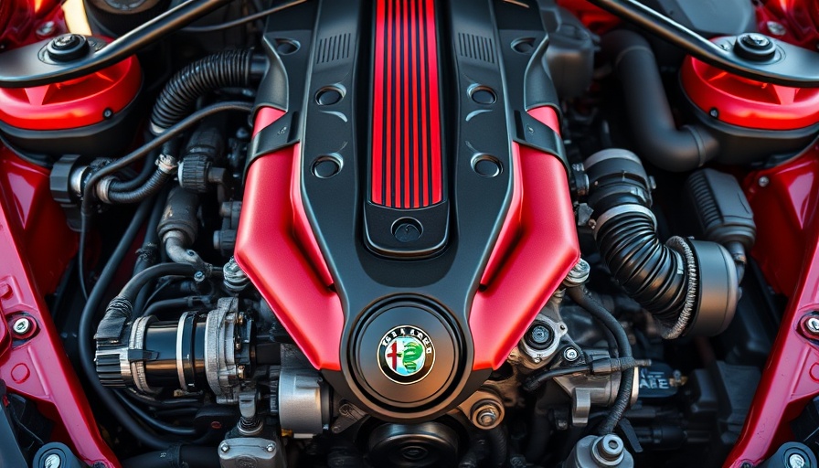 Alfa Romeo Giulia V6 engine close-up under bright light.