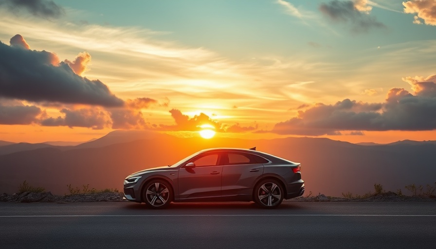 Audi e-tron GT parked against sunset on open road.