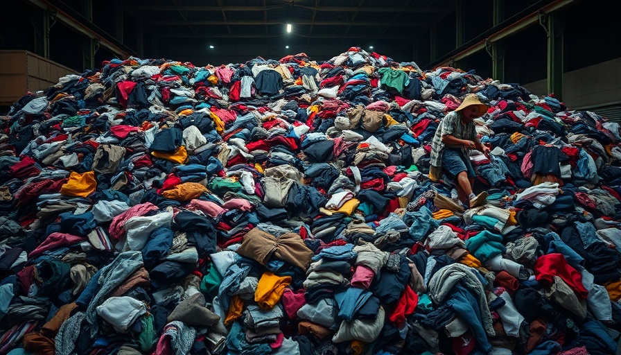 Person sorting textile waste in a warehouse, massive clothing pile.