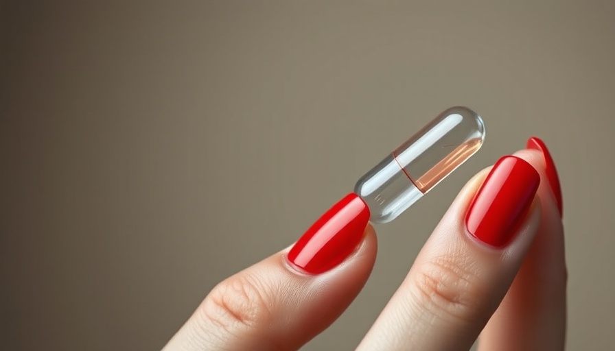 Close-up of a translucent capsule held by red-nailed fingers for hormonal health.