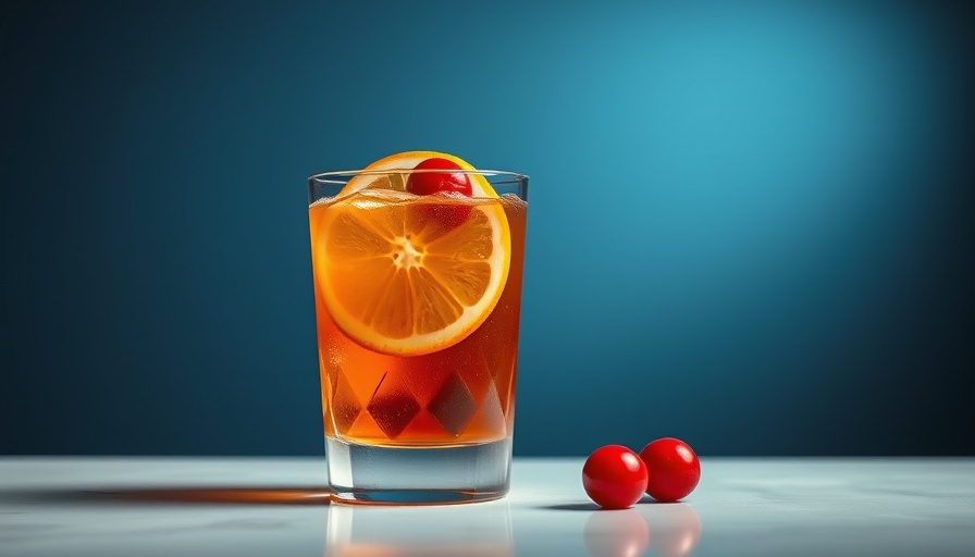 Old-Fashioned cocktail with orange and cherries on glass.
