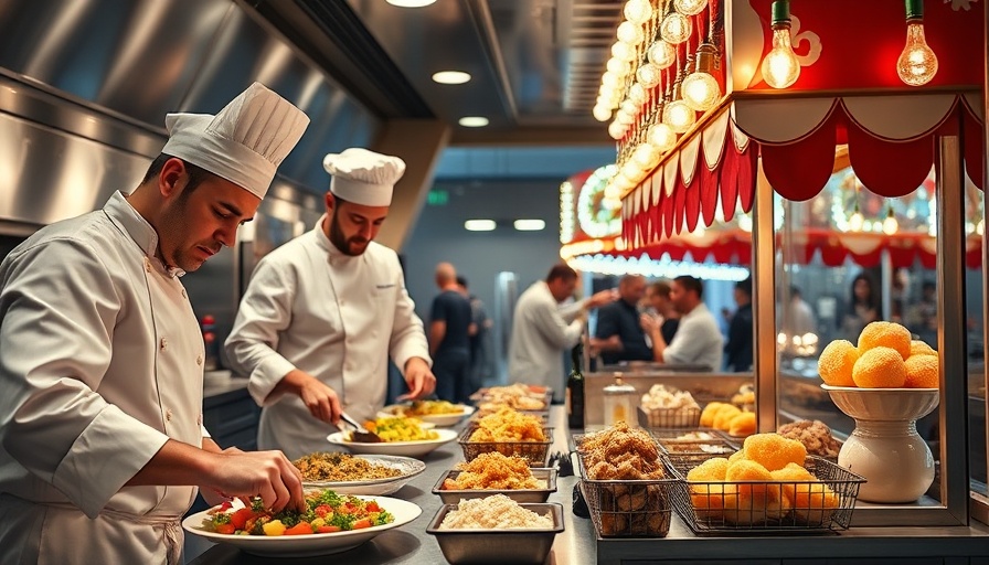 Culinary scenes from food TV shows with chefs and funnel cake vendor.