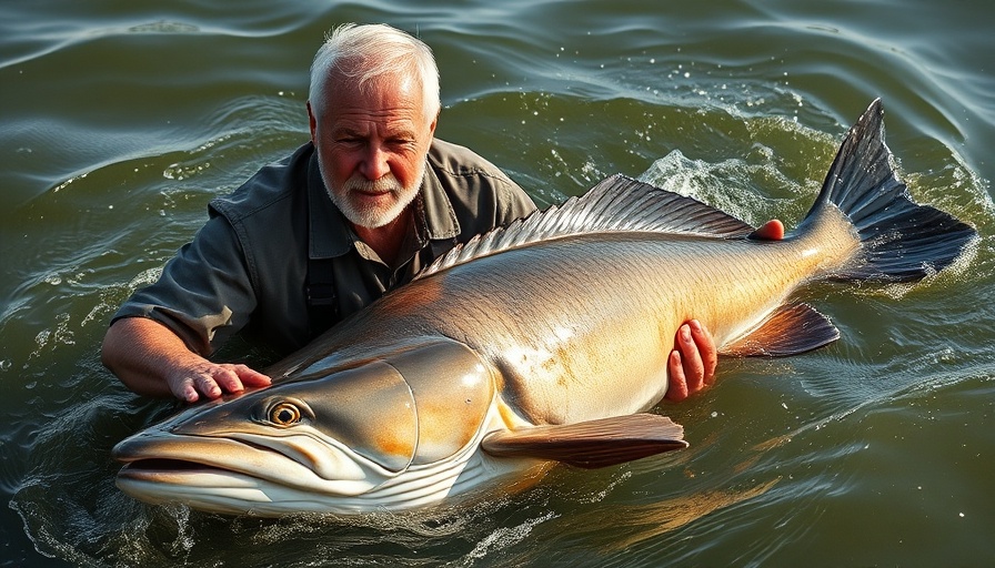 Man handling sturgeon in water for Sacramento caviar production.