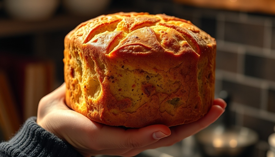 Freshly baked panettone being held in a cozy kitchen.