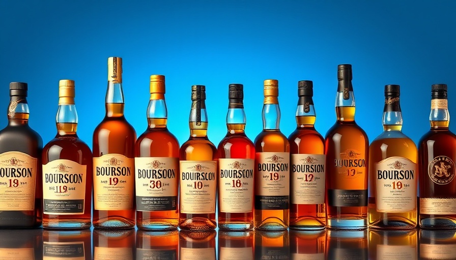Assorted bourbon bottles for a taste test against a blue background.