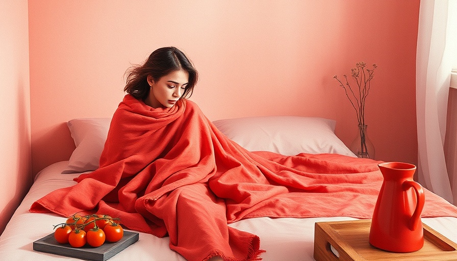 Watercolor painting, woman in red blanket, cozy room scene.