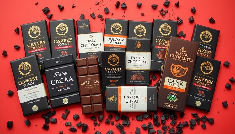 Assorted dark chocolate bars on vibrant red background showcasing brands.