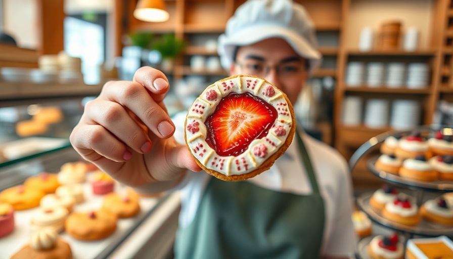 Bakery trend: Worker handling pastry display in modern bakery.