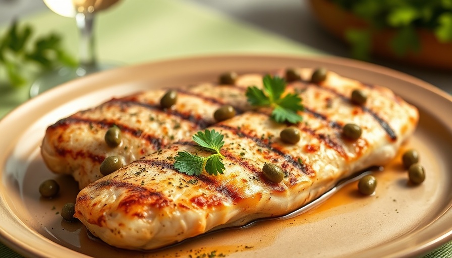 Grilled chicken with capers and parsley on a platter, close-up.