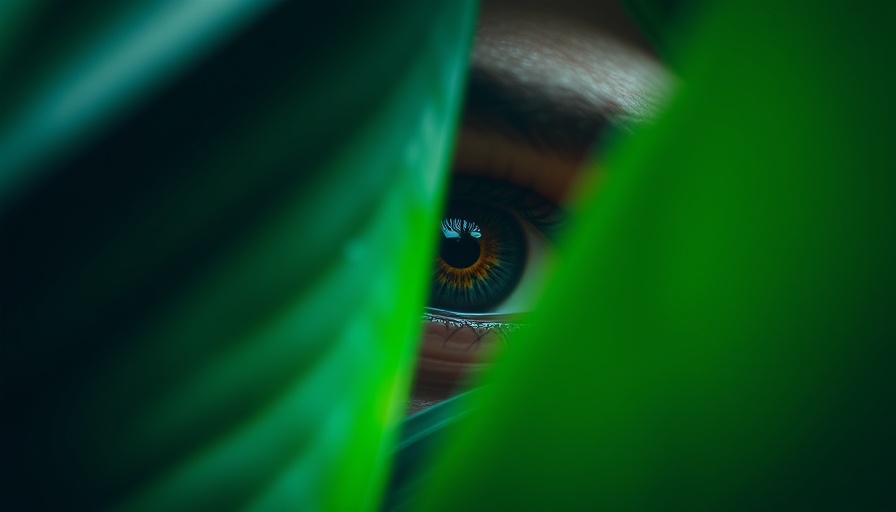 Close-up of an eye peeking through tropical leaves, symbolizing growth.