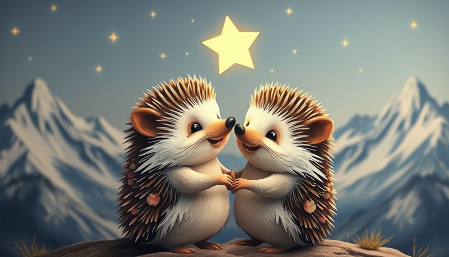 Charming hedgehog couple in a magical embrace under a star.