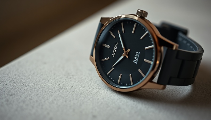 Sleek modern Rado watch on a textured surface, minimalist design.