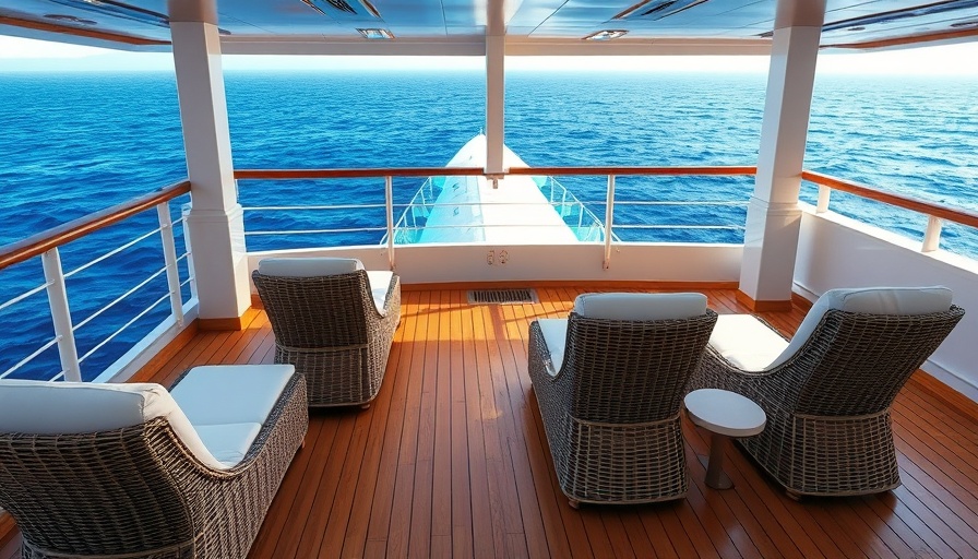 Peaceful ocean view from cruise ship spa relaxation area featuring comfortable wicker chairs.