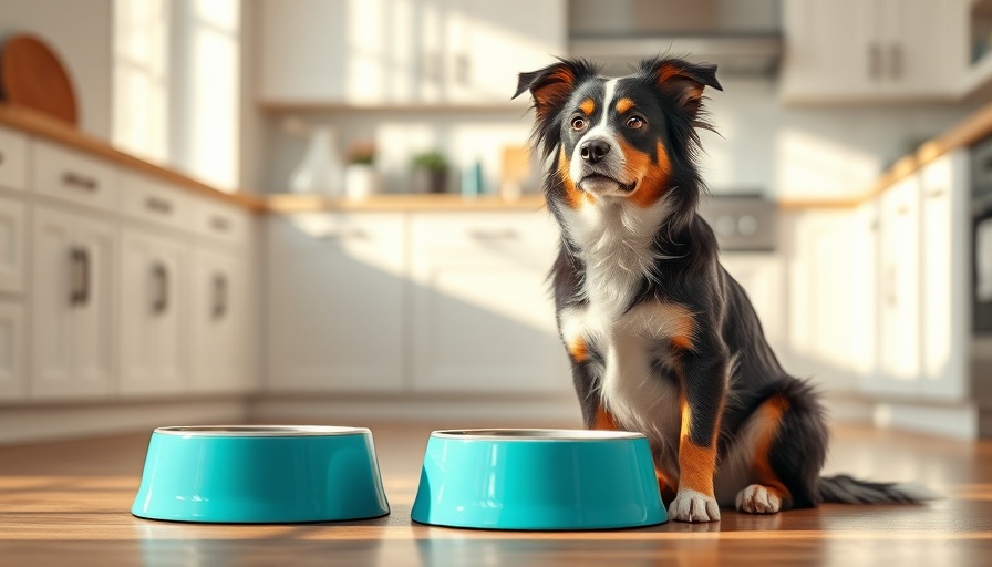 Curious border collie with turquoise bowls in a modern kitchen, Holiday Gifts.