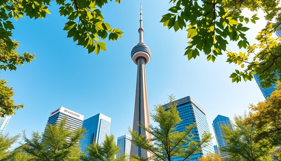 Iconic CN Tower framed by foliage in Toronto travel scene.