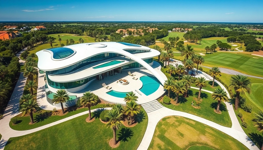 Modern golf resort in Middle East, aerial view, lush surroundings.