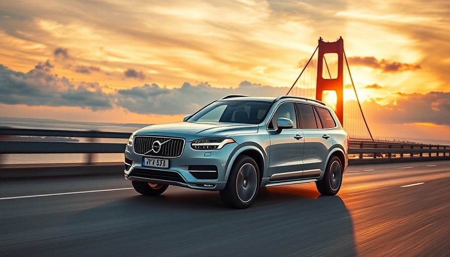 Volvo XC90 driving on bridge at sunset, showcasing elegance.