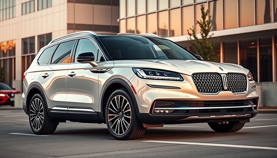 White Lincoln Aviator in urban landscape with modern buildings.