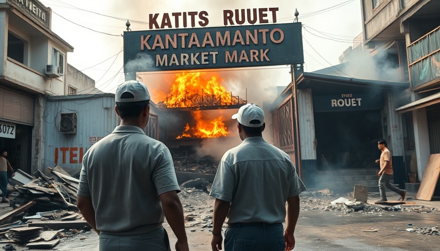 Kantamanto Market Fire aftermath with two men inspecting damage.