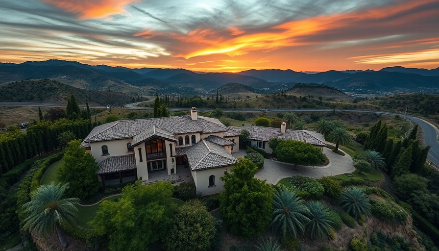 Aerial view of a Malibu Canyon Estate with scenic landscape.