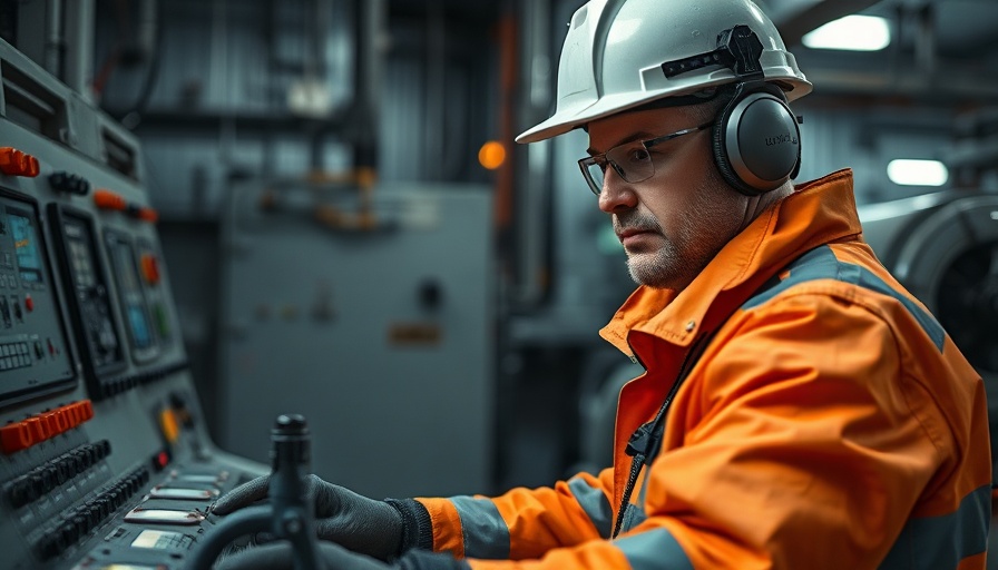 Engineer working on carbon-neutral mining equipment in an industrial setting.