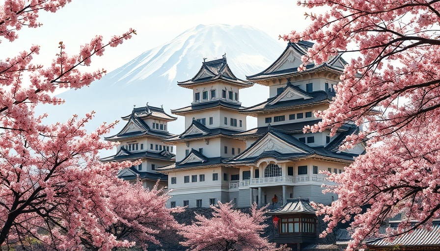 Japan cherry blossom scene with traditional castle and mountain.