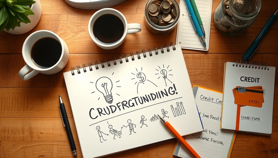 Top-down view of crowdfunding concept sketch on desk.