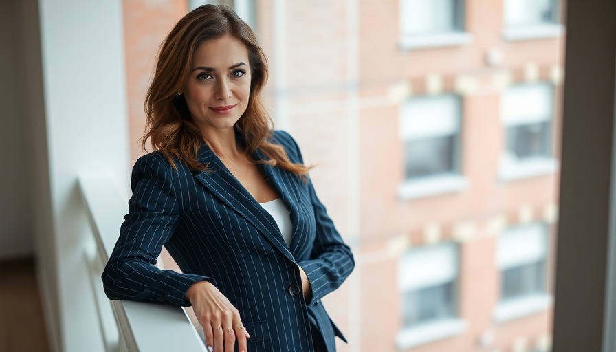 Confident woman in pinstripe suit at British Fashion Council.