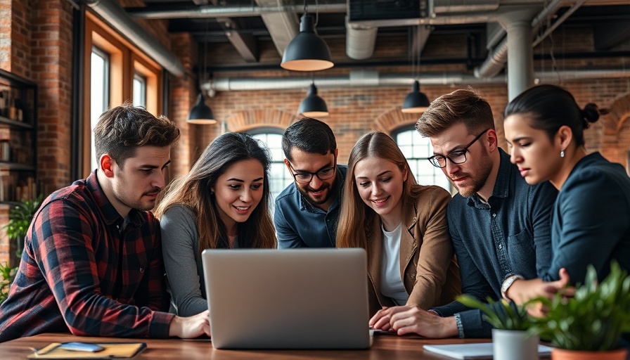 Young professionals collaborating on crowdfunding success in modern office.