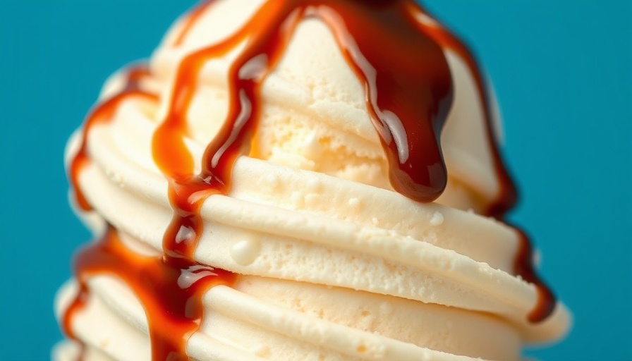 Vanilla ice cream with chocolate syrup, bright blue background.