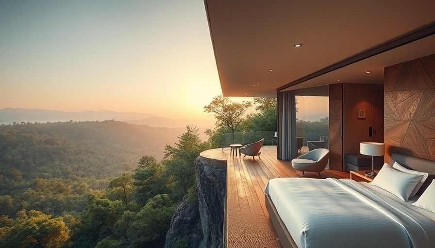Modern luxury hotel suite on a cliff with forest view.