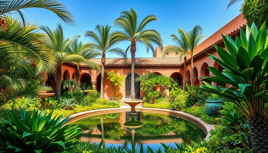 Moroccan garden with traditional architecture and pond, Morocco tourism.