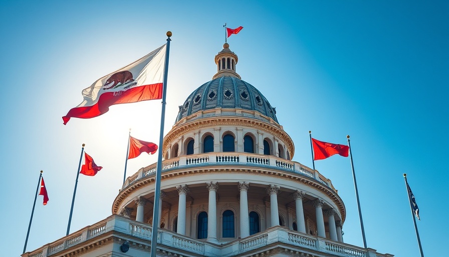 California Capitol dome with flags, clear sky