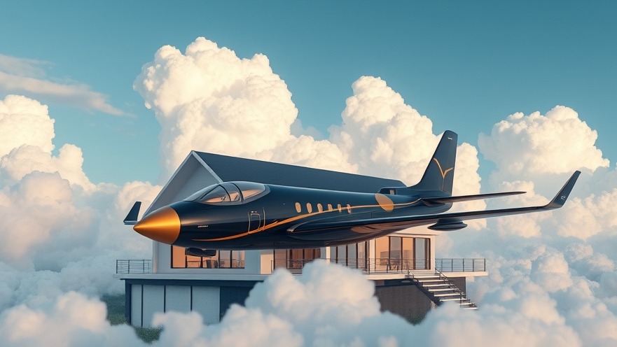 Futuristic house illustration highlighting housing market trends with a black and gold airplane.