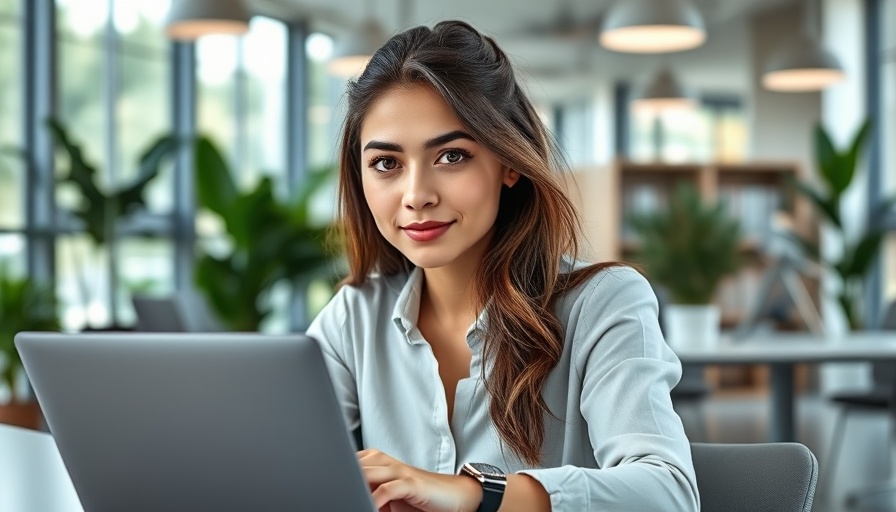 Confident woman in office using laptop for audit innovation