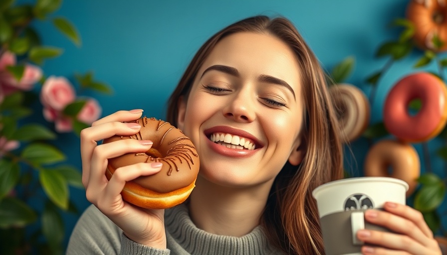 Smiling woman enjoying a donut; TikTok trends, colorful dessert.
