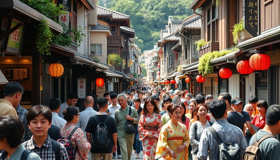 Japan tourism vibrant street scene with kimonos.