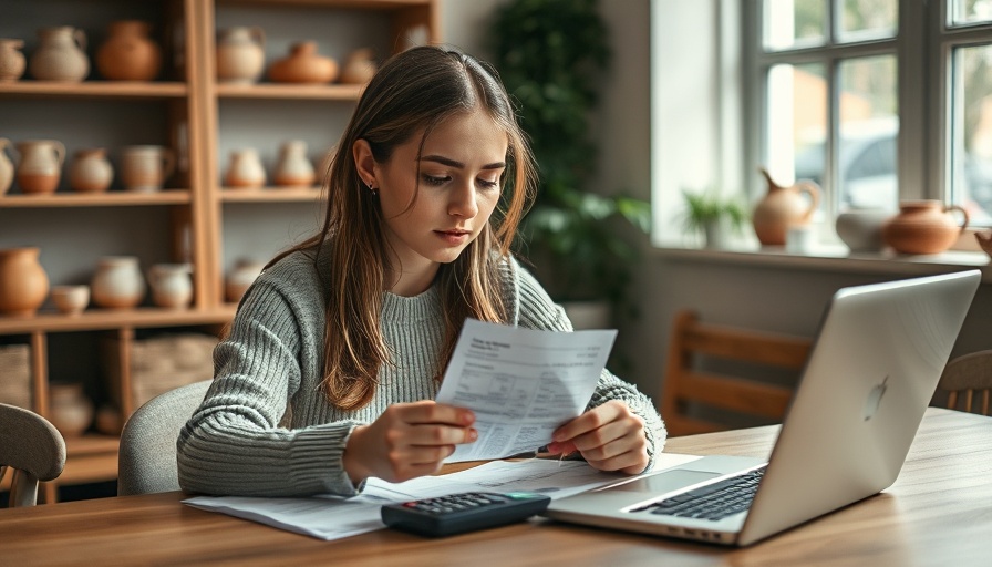 Young woman calculating business expense deductions in cozy office.
