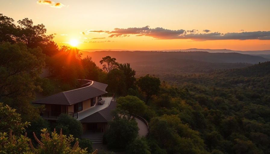 Eco-friendly safari lodge harmonizing with nature at sunset.