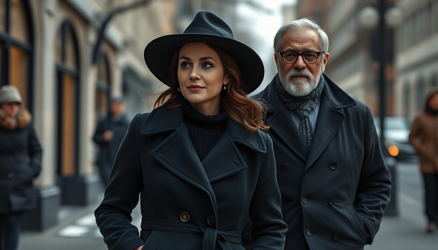 Stylish woman in dark coat and hat walking in city with older man.