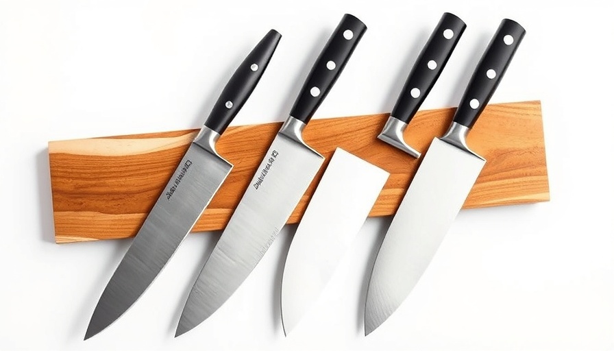 Four premium chef's knives on wooden strip, best chef's knife display.