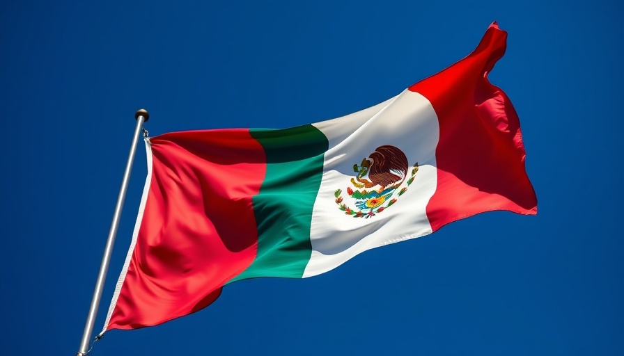 Mexican flag fluttering against blue sky, symbolizing Mexico alcohol tax reform.
