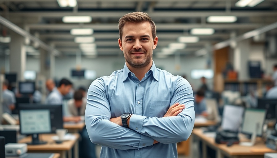 Confident man in workspace with industrial setting, Made in China.